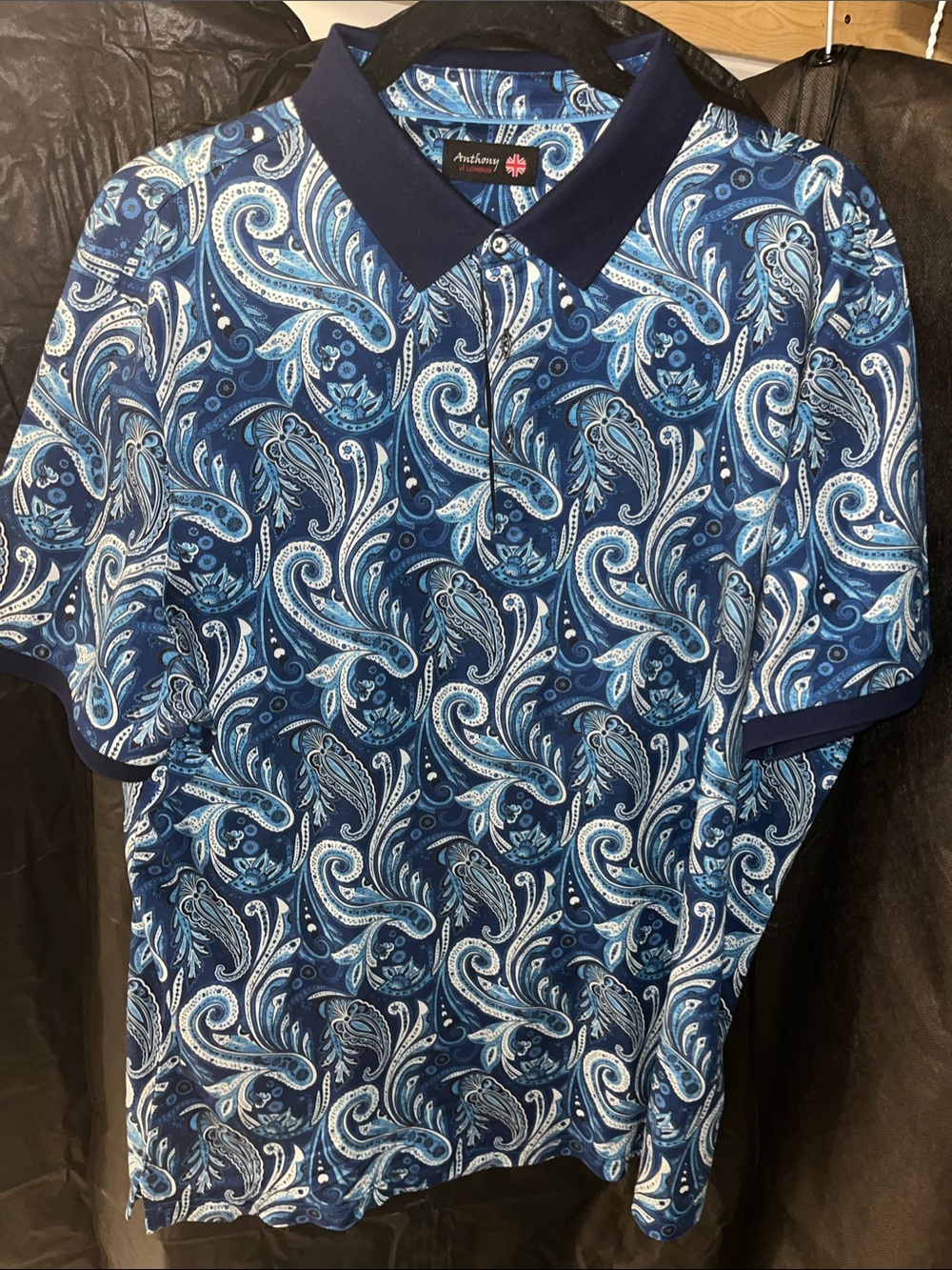 Anthony of London Blue Paisley Short-Sleeve Polo with Navy Trim